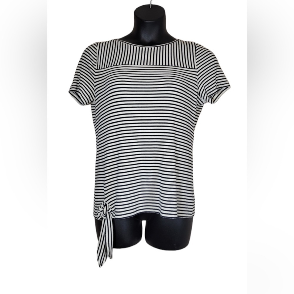 Talbots Black & White Striped Tie-Hem Top Sz Lg